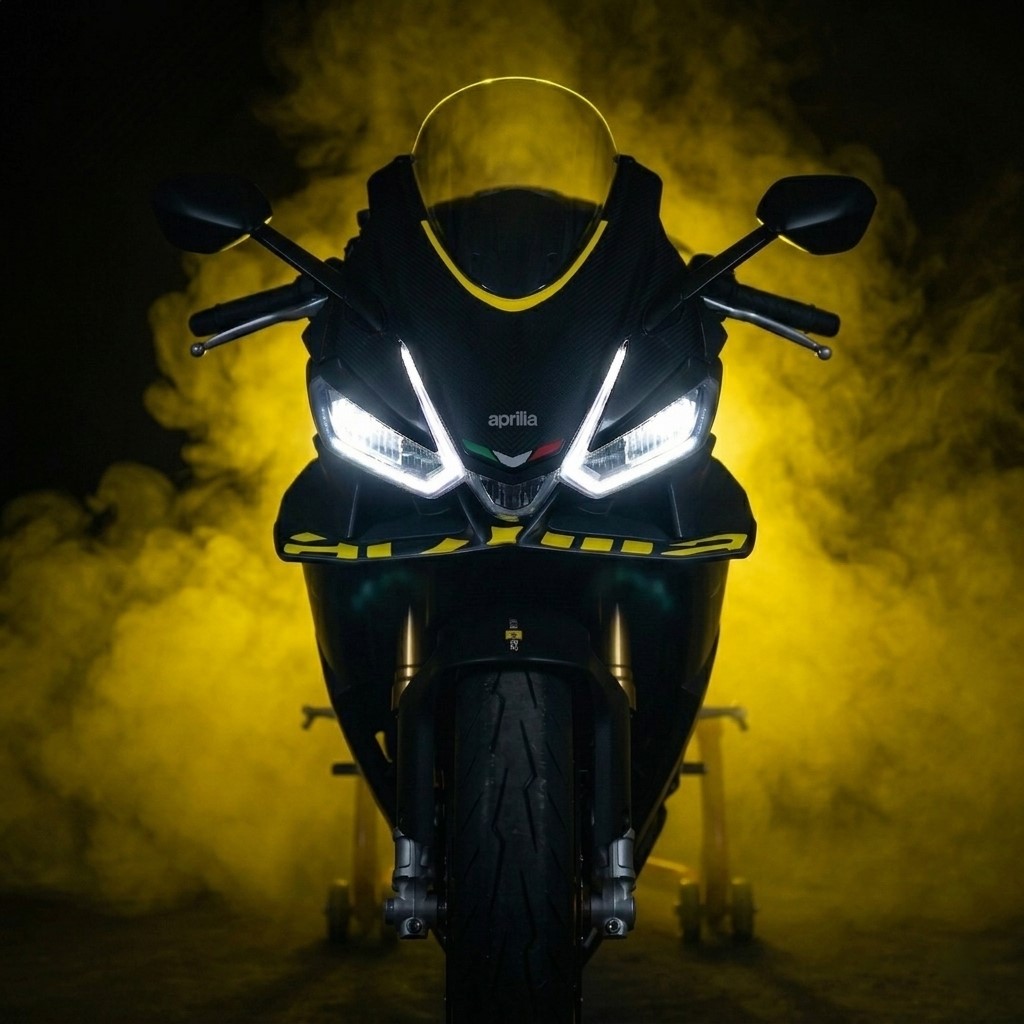 Frontansicht einer Aprilia RS 660 vor gelbem Rauch